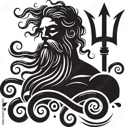 Black Color Greek Mythic Sea God Poseidon Silhouette Vector Illustration, Solid White Background