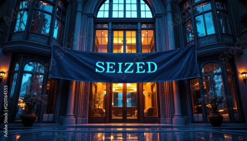 Luxury mansion with seized banner illuminated by warm interior light