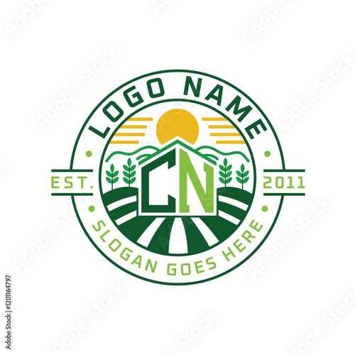 Modern Farmhouse CN Logo Design. Letter CN Agriculture Logo with Sun, Field, and Nature Elements