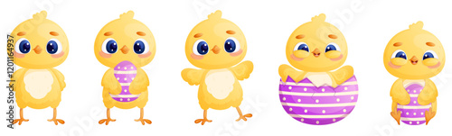 Cute easter chick set isolated on white. Funny cartoon chicks with Easter egg, egg shel collection. Greeting card, poster, banner design elements.