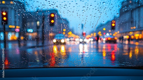 Red emergency fire truck illuminated by its lights during a rainy night. photo