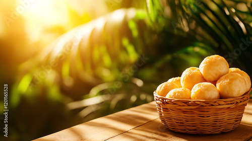 Brazilian Pao de Queijo cheese bread, served with coffee and styled in a cozy tropical home, [South American snacks, comforting charm]