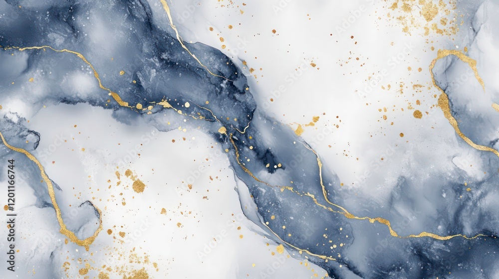 Obraz premium Abstract blue and gold marble texture with flowing lines and gold splatters.