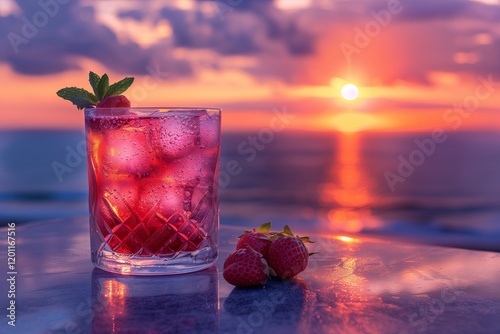 Refreshing drink with strawberries, ice, and sunset view, perfect for summer evenings. photo