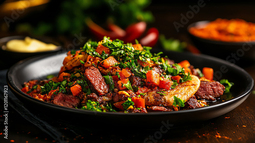 Ethiopian Kitfo seasoned raw beef, served with spiced butter and injera in a vibrant cultural dining setup, [African delicacies, bold flavors] photo