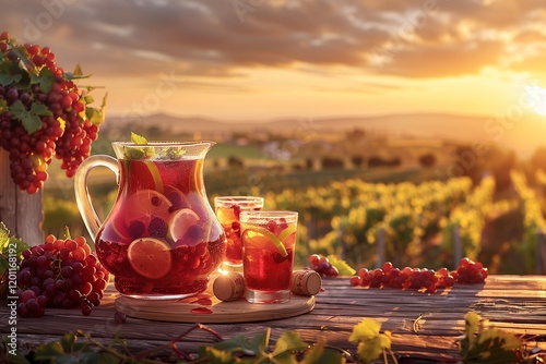 Refreshing pitcher of fruit punch at sunset with vineyards in the background. photo