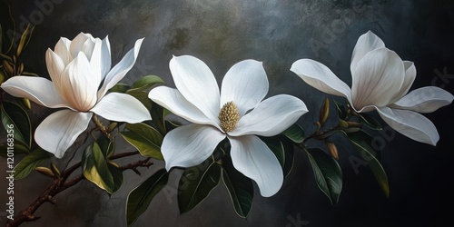 Blooming southern white magnolia flowers with large creamy white petals arranged elegantly against a dark backdrop with leafy green branches.