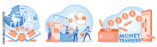 Global online money transfer and payment systems illustrations.
