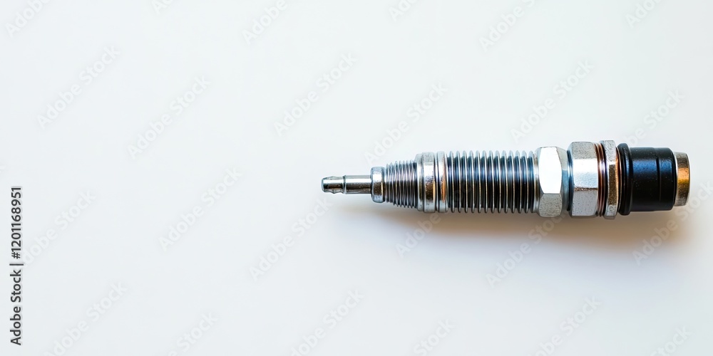 Spark plug detailed close-up on a clean white background with ample negative space on the left for text or graphics, featuring metallic tones. Spark plug detailed close-up on a clean white background with ample negative space on the left for text or graphics, featuring metallic tones.