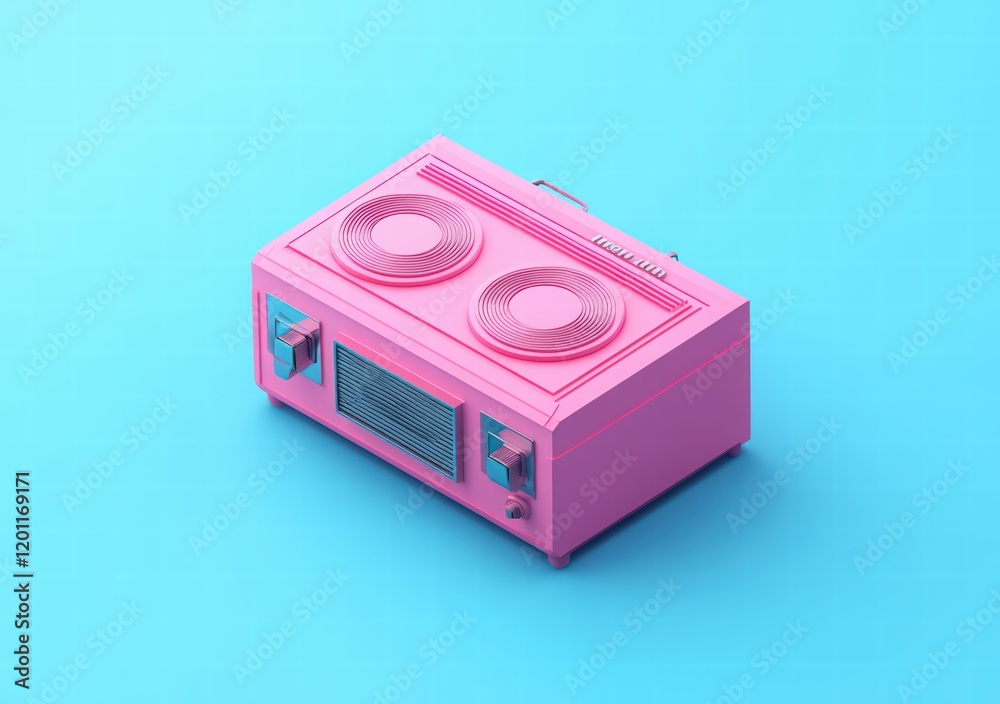 Obraz premium Pink retro boombox on a blue background. world radio day
