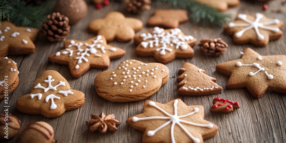 Festive Christmas cookies arranged on a rustic wooden table with pine cones and ornaments, featuring snowflake and tree designs in warm hues. Festive Christmas cookies arranged on a rustic wooden table with pine cones and ornaments, featuring snowflake and tree designs in warm hues.