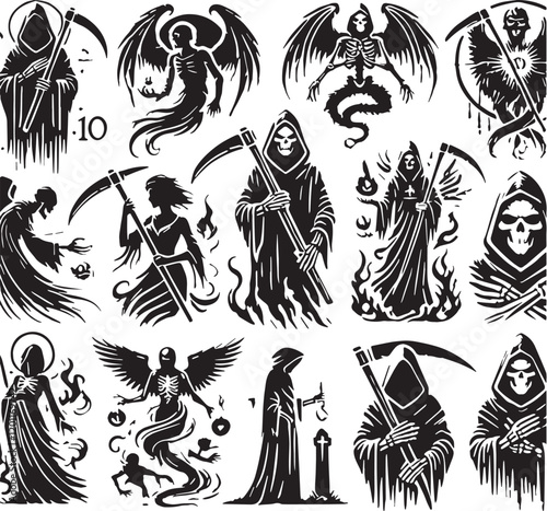 Black Color Grim reaper Silhouette Vector Illustration, Solid White Background