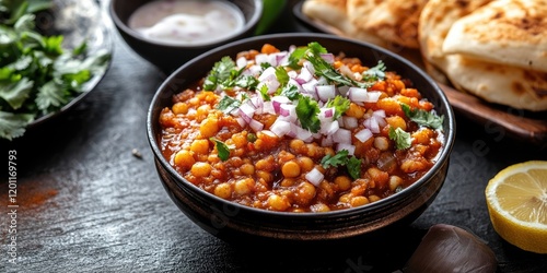 Spicy Misal Pav in a black bowl with chopped onions and coriander on top, alongside lemon wedges and bread, set on a dark wooden background. photo