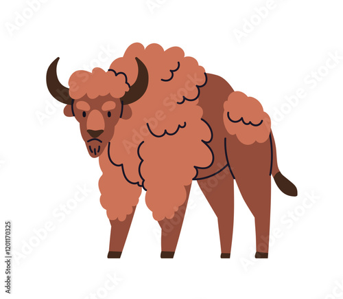 Bison, strong wild animal. Large horned buffalo, American herbivore fauna sta...
