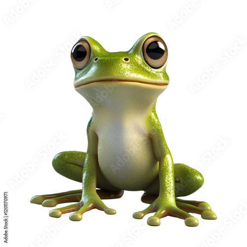 A digitally rendered image showcases an endearing cartoon frog with oversized eyes sitting against a plain white backdrop. photo