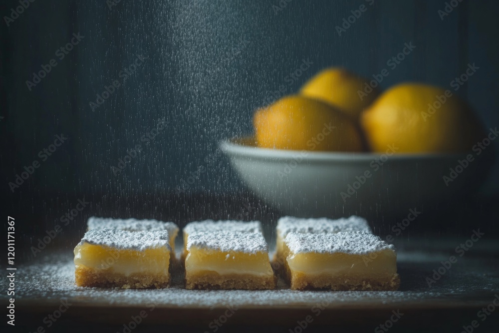 Lemon Bars, a delightful treat dusted with powdered sugar, sit on a wooden surface, with a bowl of lemons in the background. A perfect blend of sweet and tart. Lemon Bars, a delightful treat dusted with powdered sugar, sit on a wooden surface, with a bowl of lemons in the background. A perfect blend of sweet and tart.