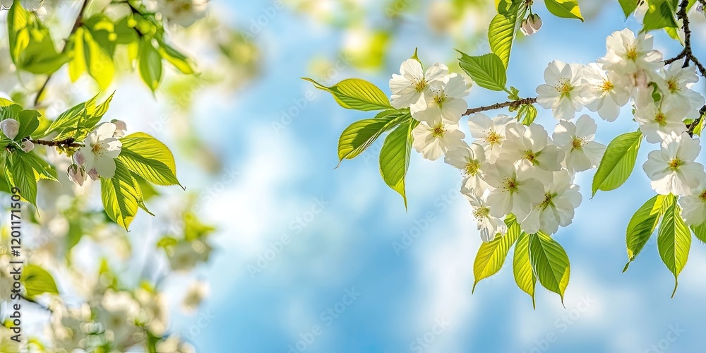 Cherry tree branches with white blossoms and green leaves against a blue sky, ample header space for text, bright and vibrant natural colors. Cherry tree branches with white blossoms and green leaves against a blue sky, ample header space for text, bright and vibrant natural colors.