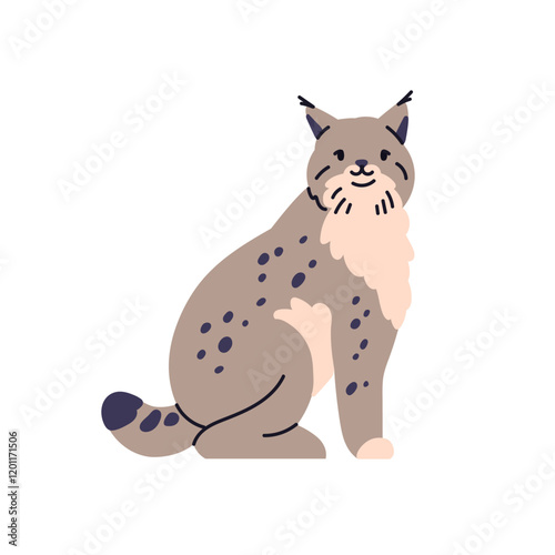 Lynx, wild feline animal. Cute forest cat, beast. Predator, carnivore sitting. Fauna with tufted ears and spotted fur. Carnivorous mammal. Flat vector illustration isolated on white background