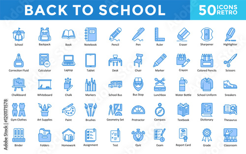 Back to School icon set with school, backpack, book, notebook, pencil, pen, ruler, eraser, sharpener, highlighter icon. Simple retro vector 
