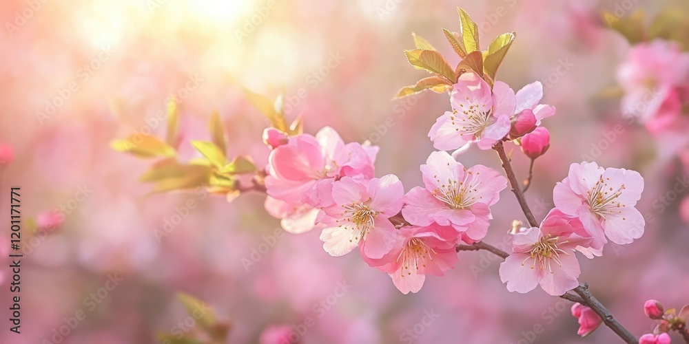 Delicate pink peach blossoms in soft sunlight with vibrant green leaves creating a serene spring scene embodying Japanese floral beauty. Delicate pink peach blossoms in soft sunlight with vibrant green leaves creating a serene spring scene embodying Japanese floral beauty.