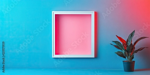 Empty square frame with pink interior against a gradient blue background, featuring a green plant in a pot on the right side. photo