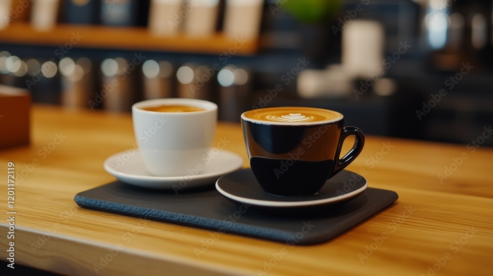 Two coffee cups on a wooden table, showcasing a cozy café atmosphere. Two coffee cups on a wooden table, showcasing a cozy café atmosphere.