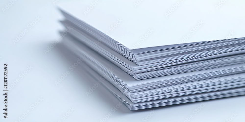 Stack of white blank letterheads with a macro focus in the foreground arranged neatly against a soft white background Stack of white blank letterheads with a macro focus in the foreground arranged neatly against a soft white background