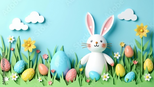 Easter bunny celebrating easter in a field of colorful eggs and paper flowers photo