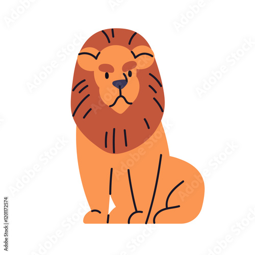 Lion, African feline. Leo, wild cat, jungle animal with mane. Predator mammal sitting with cute serious expression. Safari king fauna. Flat graphic vector illustration isolated on white background