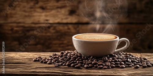 Cozy steaming coffee cup on rustic wooden table surrounded by dark coffee beans with a backdrop of aged wooden textures in warm tones