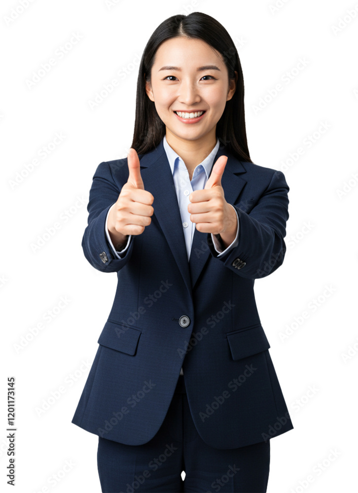A cheerful businesswoman in a formal suit, giving a thumbs-up gesture with a confident smile, standing on a clean white background A cheerful businesswoman in a formal suit, giving a thumbs-up gesture with a confident smile, standing on a clean white background