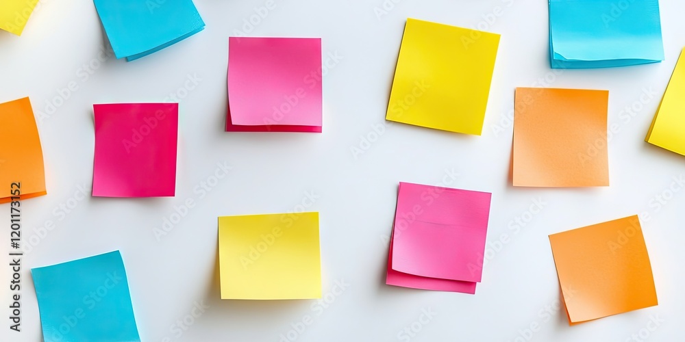 Colorful sticky notes in pink, blue, yellow, and orange scattered on a white background creating a vibrant and dynamic flat lay composition. Colorful sticky notes in pink, blue, yellow, and orange scattered on a white background creating a vibrant and dynamic flat lay composition.