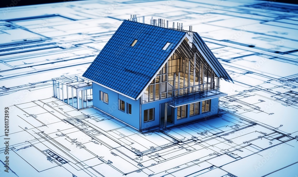 Architecture design: blueprint plan - illustration of a plan modern residential building / technology, industry, business concept illustration: real estate, building, construction, Generative AI Architecture design: blueprint plan - illustration of a plan modern residential building / technology, industry, business concept illustration: real estate, building, construction, Generative AI