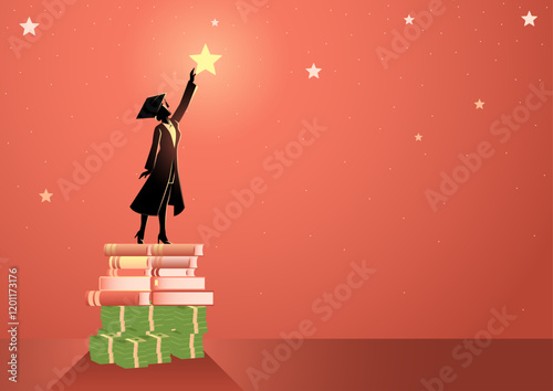 Woman in a toga, symbolizing knowledge, standing atop stacks of money and books reaching for a star. Represents education costs, student debt, and financial challenges in pursuing higher education