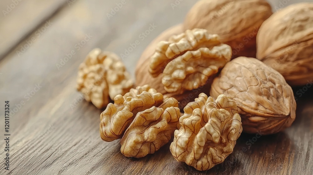 Walnuts shelled on wooden table, rustic background, food photography Walnuts shelled on wooden table, rustic background, food photography