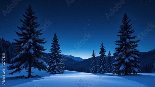 Glistening snow cloaks an eye-level pine amidst azure skies and a line of distant trees, capturing winter's serene beauty photo