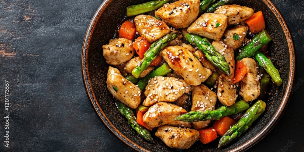 Fototapeta premium Stir fried chicken breast with vibrant asparagus and orange carrots in a dark bowl on a textured background showcasing delicious Chinese cuisine