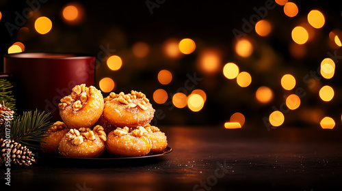 Greek Loukoumades honey-drenched doughnuts, garnished with walnuts and served in a festive holiday decor, [Mediterranean desserts, celebratory warmth] photo