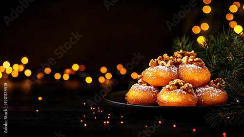 Greek Loukoumades honey-drenched doughnuts, garnished with walnuts and served in a festive holiday decor, [Mediterranean desserts, celebratory warmth] photo