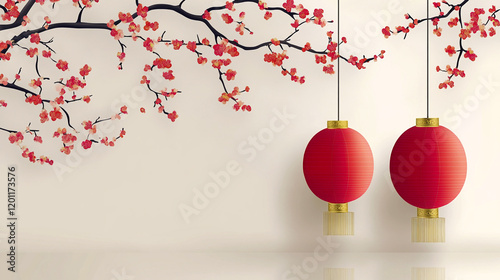 Chinese new year  illustration with red lanterns hanging in tree branches with blooming flowers on white background photo