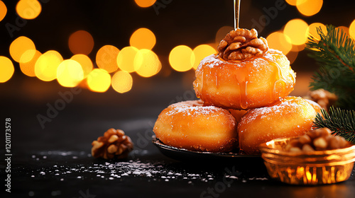 Greek Loukoumades honey-drenched doughnuts, garnished with walnuts and served in a festive holiday decor, [Mediterranean desserts, celebratory warmth] photo