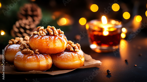 Greek Loukoumades honey-drenched doughnuts, garnished with walnuts and served in a festive holiday decor, [Mediterranean desserts, celebratory warmth] photo