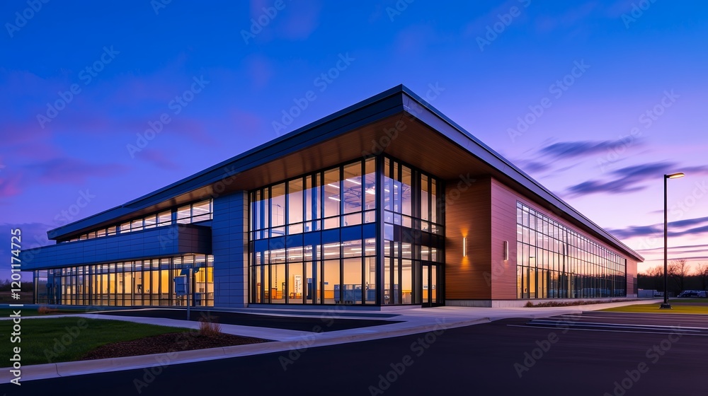 Modern architectural building with large glass windows at sunset. Modern architectural building with large glass windows at sunset.