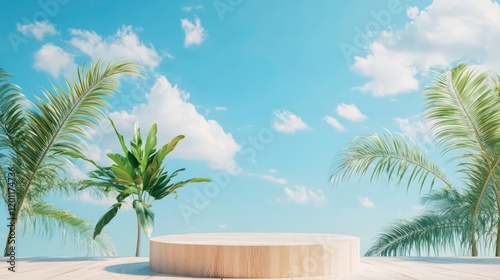 Wooden platform on beach with palm trees and blue sky. photo