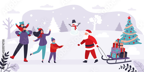 Santa Claus delivers gifts on sled. Santa claus carrying presents for christmas and new year. Happy parents with children waiting and receiving gifts. Holiday celebration,