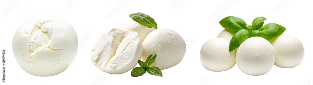 Set of Treccia mozzarella cheese balls isolated on white transparent background. Concept of fresh dairy products and Italian cuisine Set of Treccia mozzarella cheese balls isolated on white transparent background. Concept of fresh dairy products and Italian cuisine