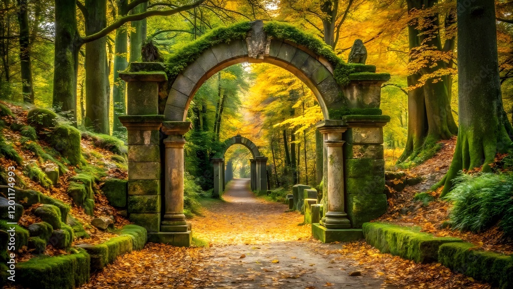 A moss-covered stone archway leads into a sun-drenched forest path, inviting you to explore the mysteries that lie beyond. 