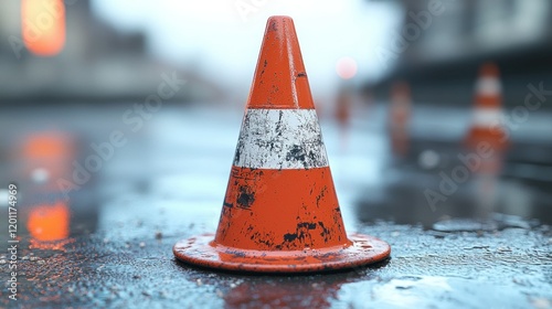 Wet city street, traffic cone, rain, blurry background, roadwork photo