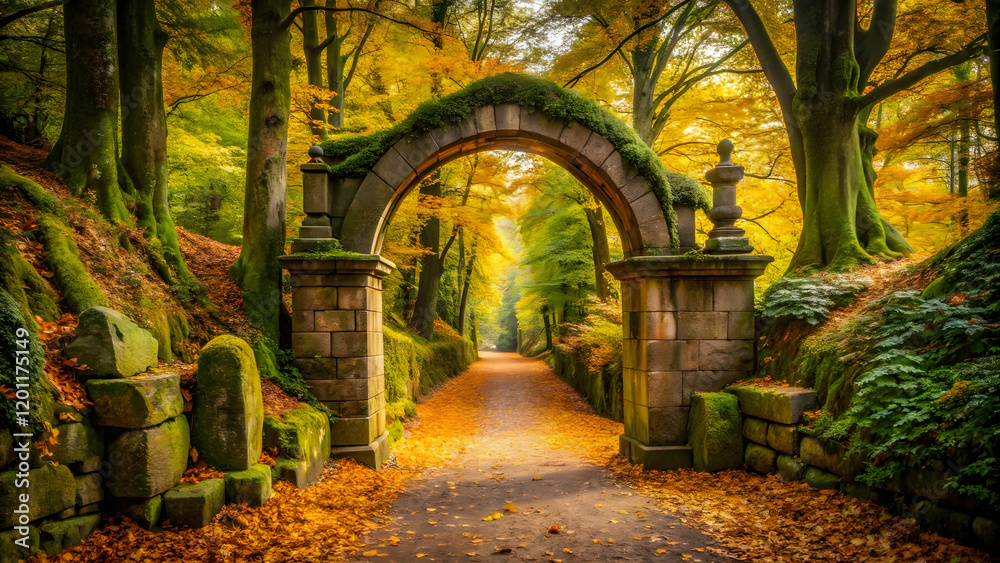 Obraz premium A moss-covered stone archway leads into a sun-drenched forest path, inviting you to explore the mysteries that lie beyond. 