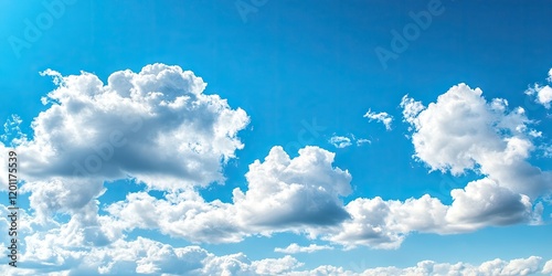 Vibrant azure sky filled with soft fluffy clouds scattered across the horizon against a bright background creating ample space for text or graphics. photo